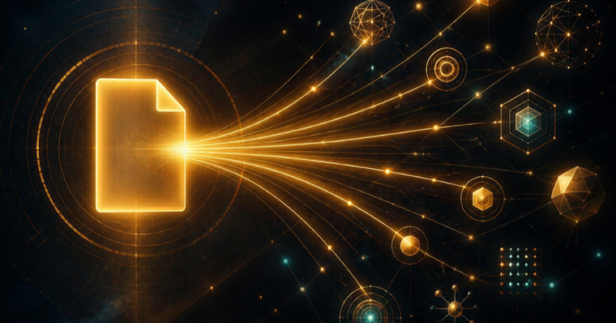 Glowing document icon emitting golden light beams to a constellation of software tool nodes, illustrating one shared AGENTS.md instruction file read by many AI coding tools.