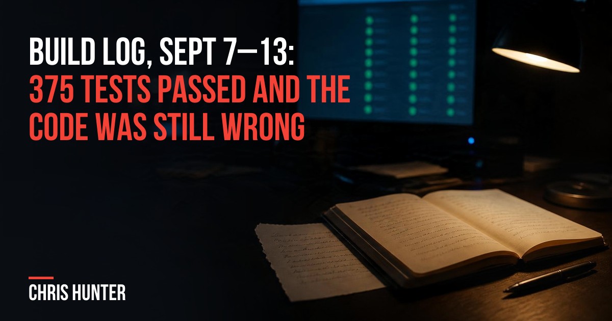 An open ledger notebook with a torn-out page beside a monitor of green status lights, with the title "Build log, Sept 7–13: 375 tests passed and the code was still wrong"